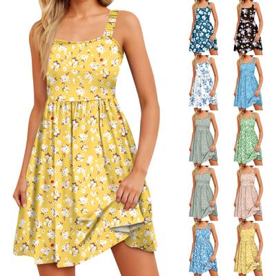Women's Summer Casual Square Neck Dress With Pockets Cute Sleeveless High Waisted A-Line Vest Midi Dress