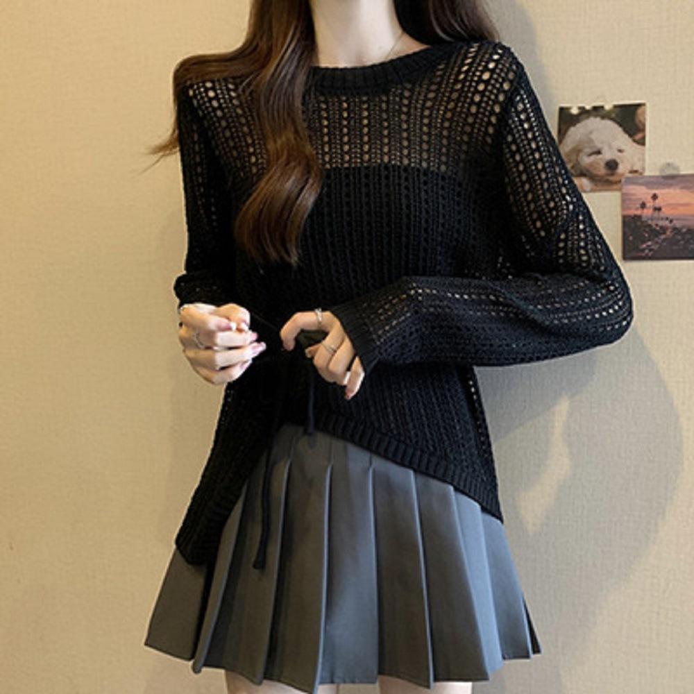 Hollow Out Knitted Women's Thin Cover Shirt Irregular Drawstring Medium Long Outer Sunscreen Top for Women
