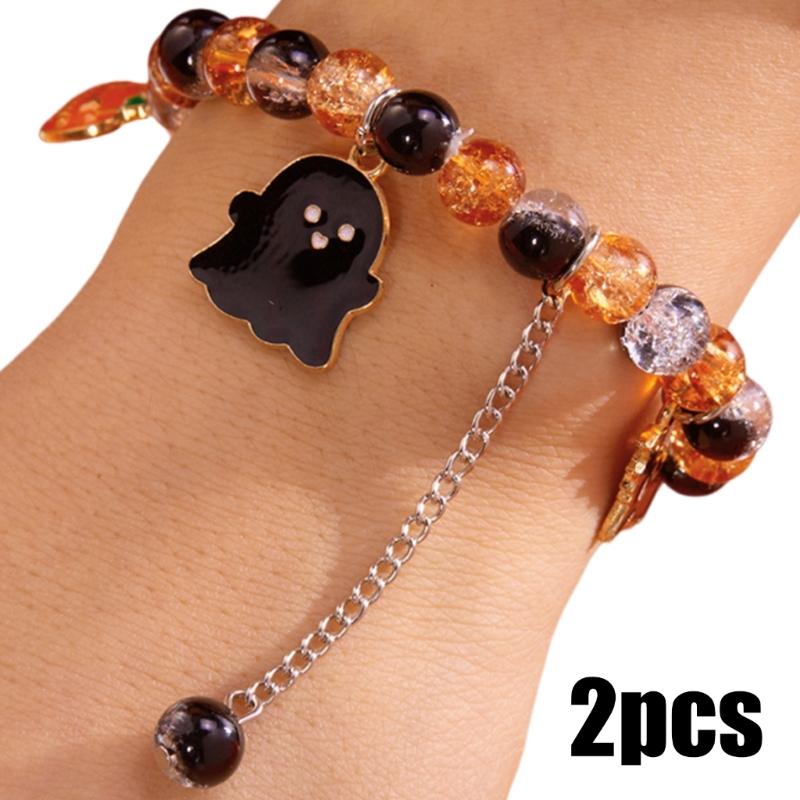 Elastic Bead Bracelets Featuring Cute Pumpkin Specter Charm Perfect for Halloween Costume Party Accessories and Gifts