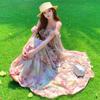 French Floral Off-the-shoulder Suspender Dress Chiffon Long Dress Seaside Vacation Beach Cake Dress Summer
