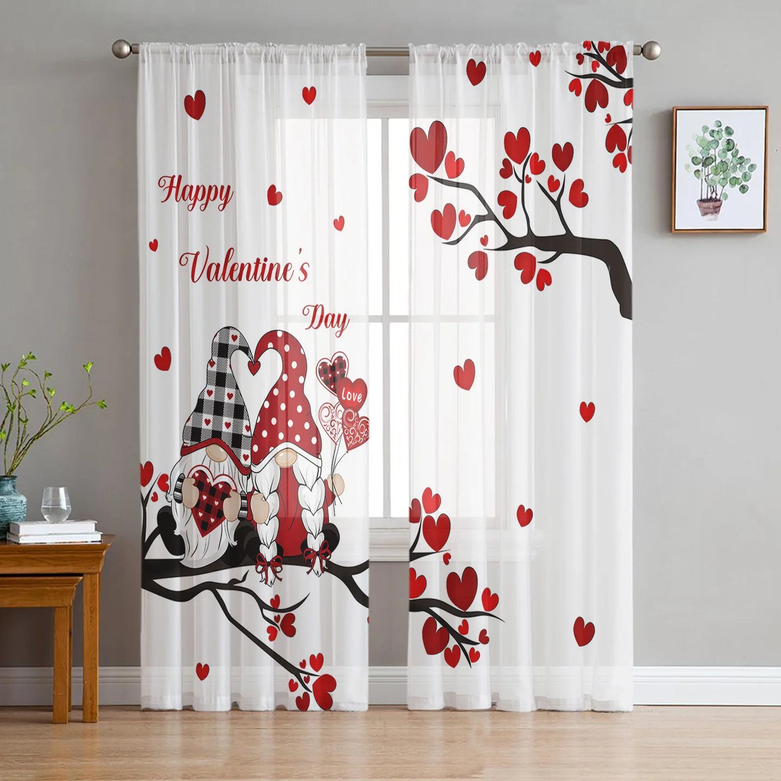 

Valentine Day Pink Love Dwarf Rose Tulle Voile Curtains Bedroom Window Curtain Living Room Organza Drapes Light Filtering Polyester Ideal For Sitting W100*H130(CM)-Hooks&2PCS