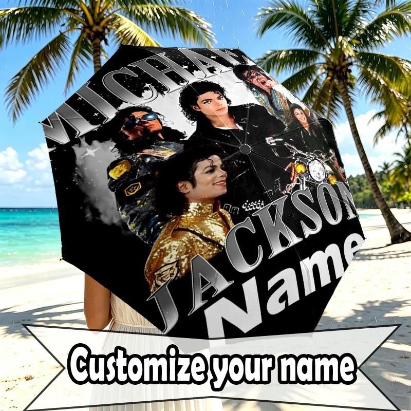 Custom Name Personalized Michael Jackson Print Umbrella, Auto Open Close, 8‑Rib Sturdy Frame, Commute Camping Hiking Use, Birthday Gift