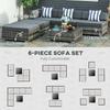 6 Pieces Rattan Garden Furniture Set, 5 Seater Garden Sofa Set with Thickened Cushions, Glass Top Coffee Table and Ottomans