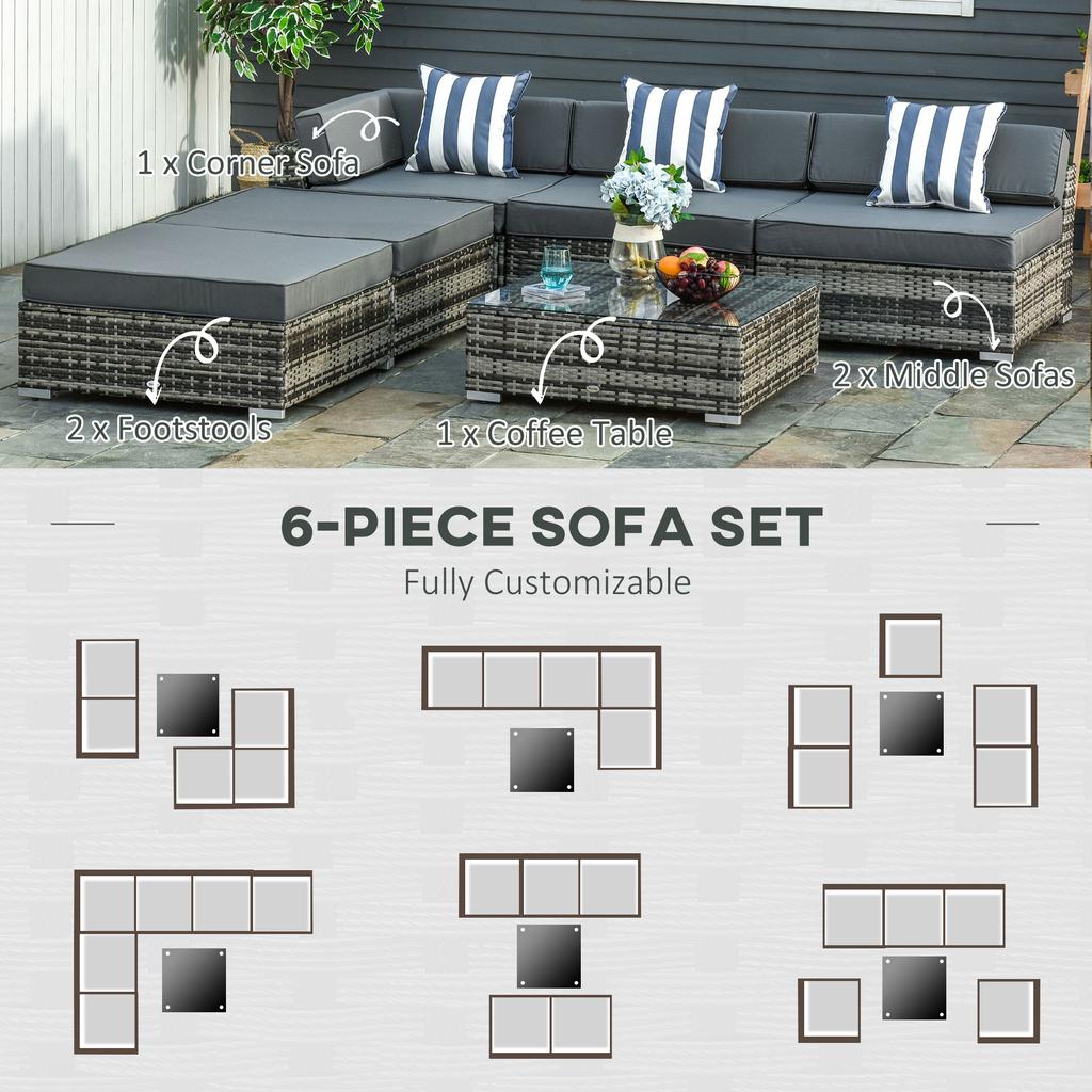6 Pieces Rattan Garden Furniture Set, 5 Seater Garden Sofa Set with Thickened Cushions, Glass Top Coffee Table and Ottomans
