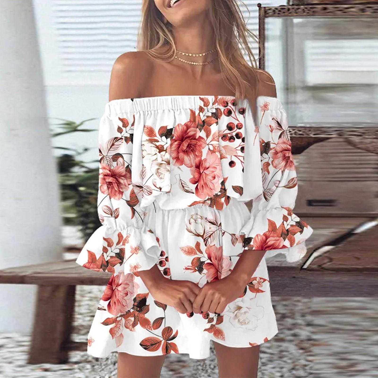Ladies Casual Sexy One Shoulder Mid Waist Printed Ruffle Sleeve A-Line Dress M белый