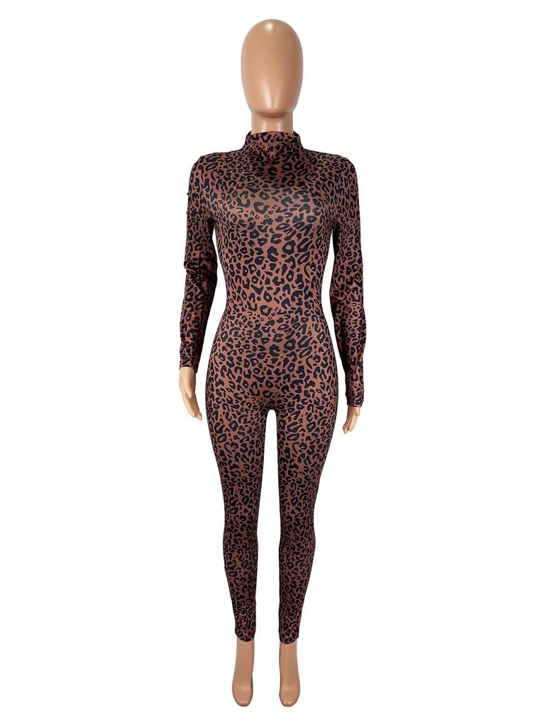 Leopard Print High-Waisted Slim-Fit Long-Sleeve Jumpsuit for Women