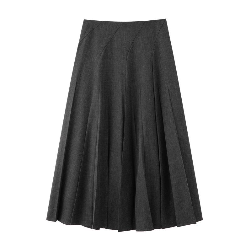 2025 Autumn/Winter High-Waist Black Pleated A-Line Mid-Length Skirt