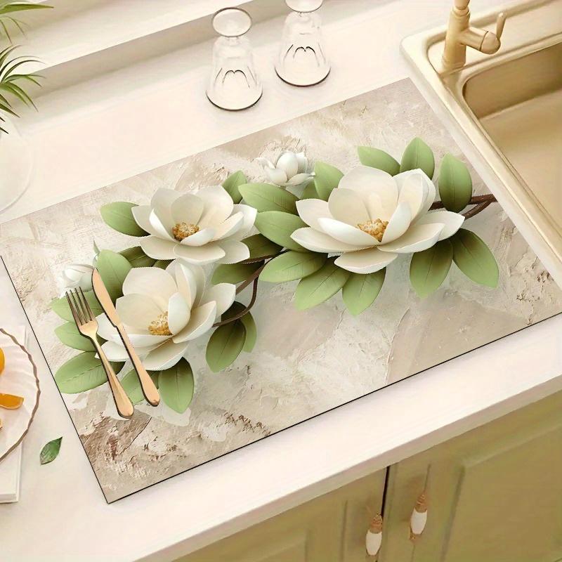 

1 шт. Резиновый коврик для сушки с цветочным принтом магнолии для кофейни, ресторана, кухни, ковер, коврик для стола, посуда, долговечный диатомовый коврик для стола, коврик для питомца, кофейная посуда 30*40