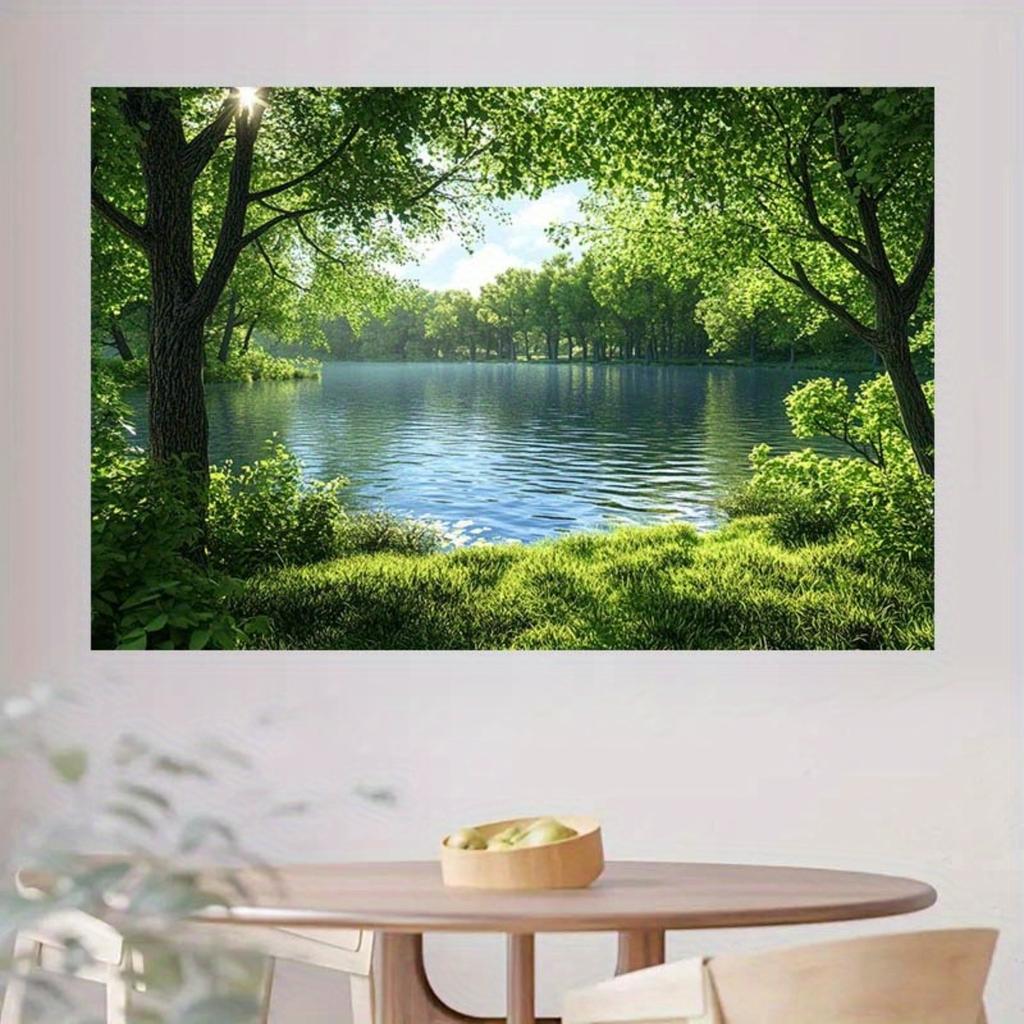 1pc Forest Lake View Serene Nature Theme Polyester Background Fabric - Lush Green Forest, Party and Home Decoration