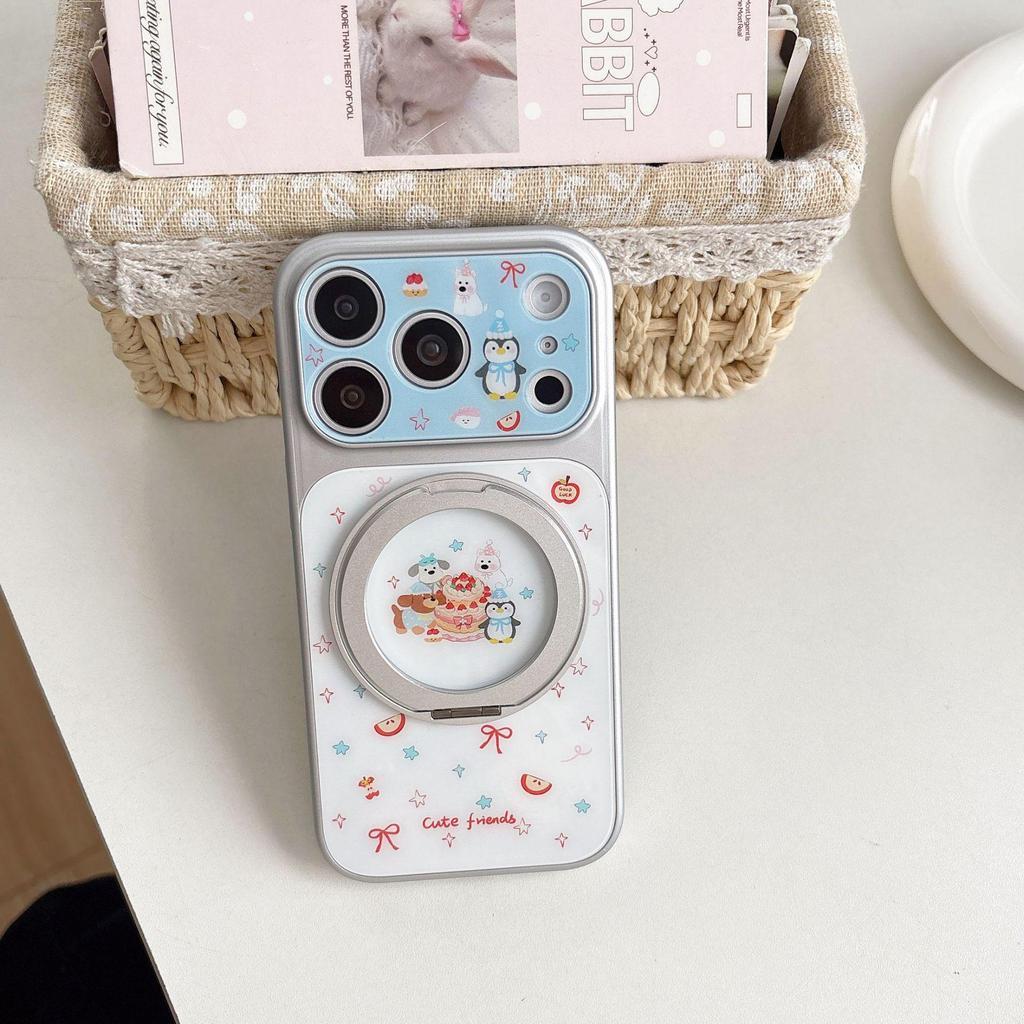 Cute Animal Cake Rotating Stand Phone Case for iPhone 15/16/17 Pro/Pro Max