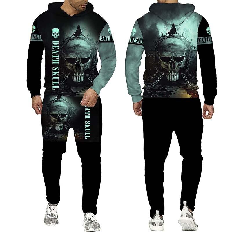 Set de hanorac cu glugă pentru bărbați cu imprimeu 3d punk craniu, haine sportive pentru bărbați, toamnă și iarnă