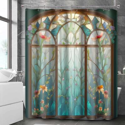 Stained Glass Floral Shower Curtain Abstract Bohemian Plant Floral Bathroom Shower Curtain Decorative with 12 Hooks