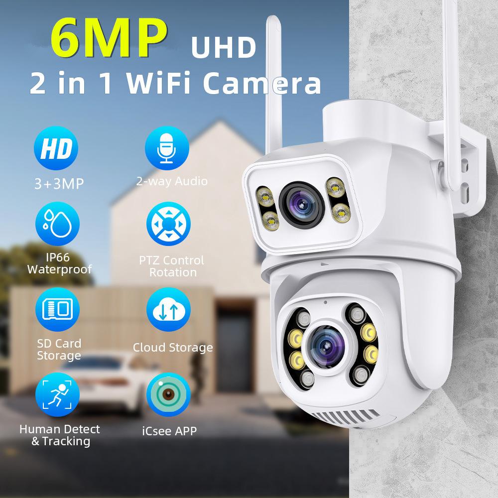 

EU Plug 6MP Dual Lens WIFI PTZ IP Security Camera Real Time Dual Screen Ai Auto Tracking Body Detection Outdoor Waterproof CCTV Video Surveillance Without TF card білий