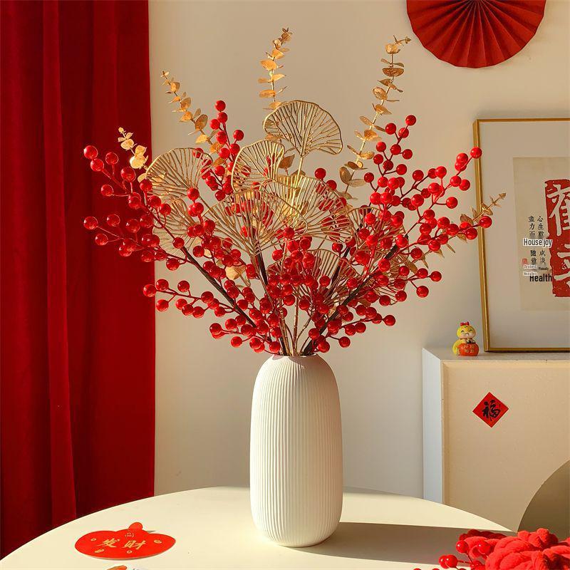 Winterberry Red Berries Artificial Flower Arrangement - New Year Housewarming Decoration for Living Room Ornaments