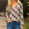 Women's Fashionable Casual V-neck Blouse Button Christmas Printed Long-sleeved Pullover T-shirt Top