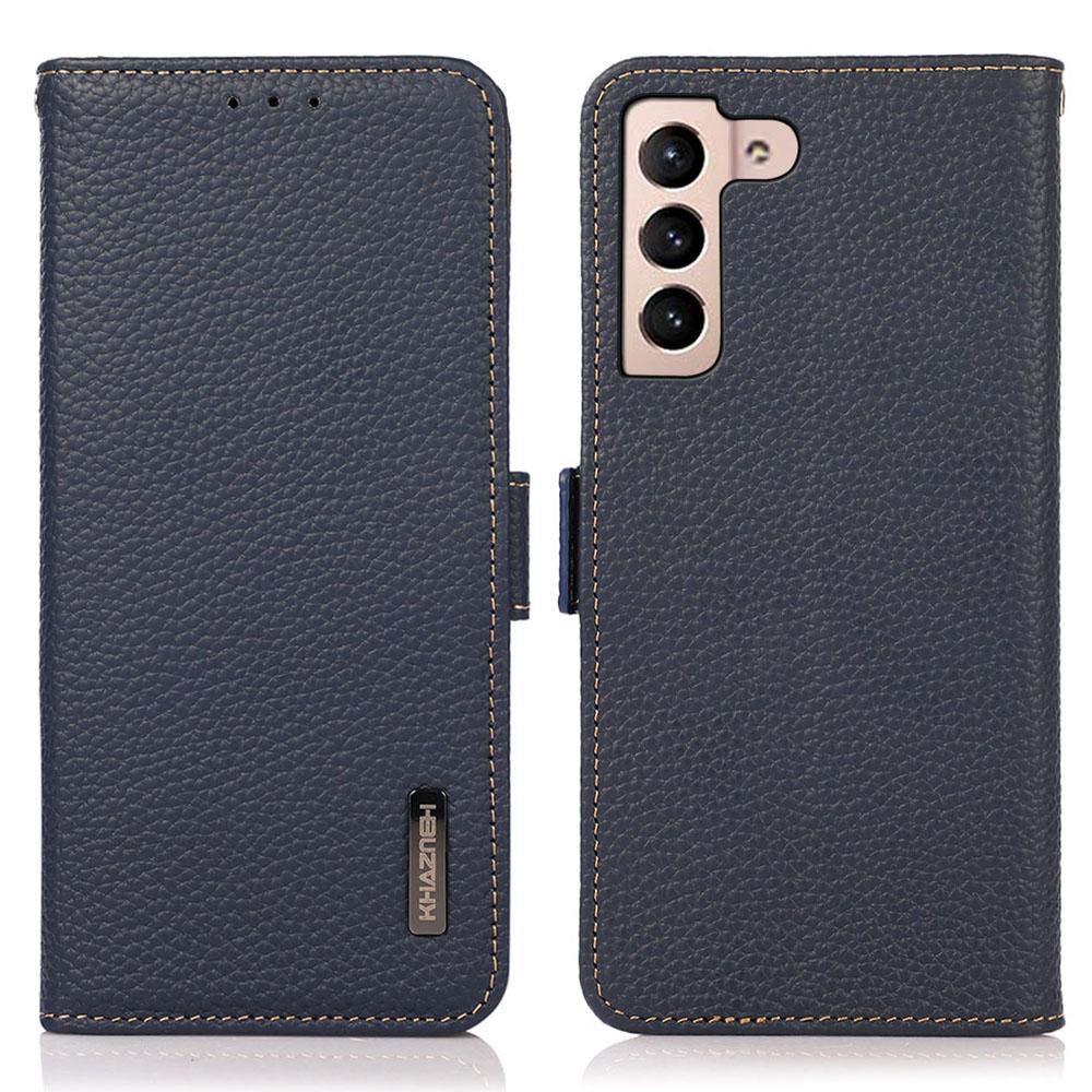 

KHAZNEH For Samsung Galaxy S25 FE Phone Case Genuine Cow Leather Cover RFID Blocking Blue