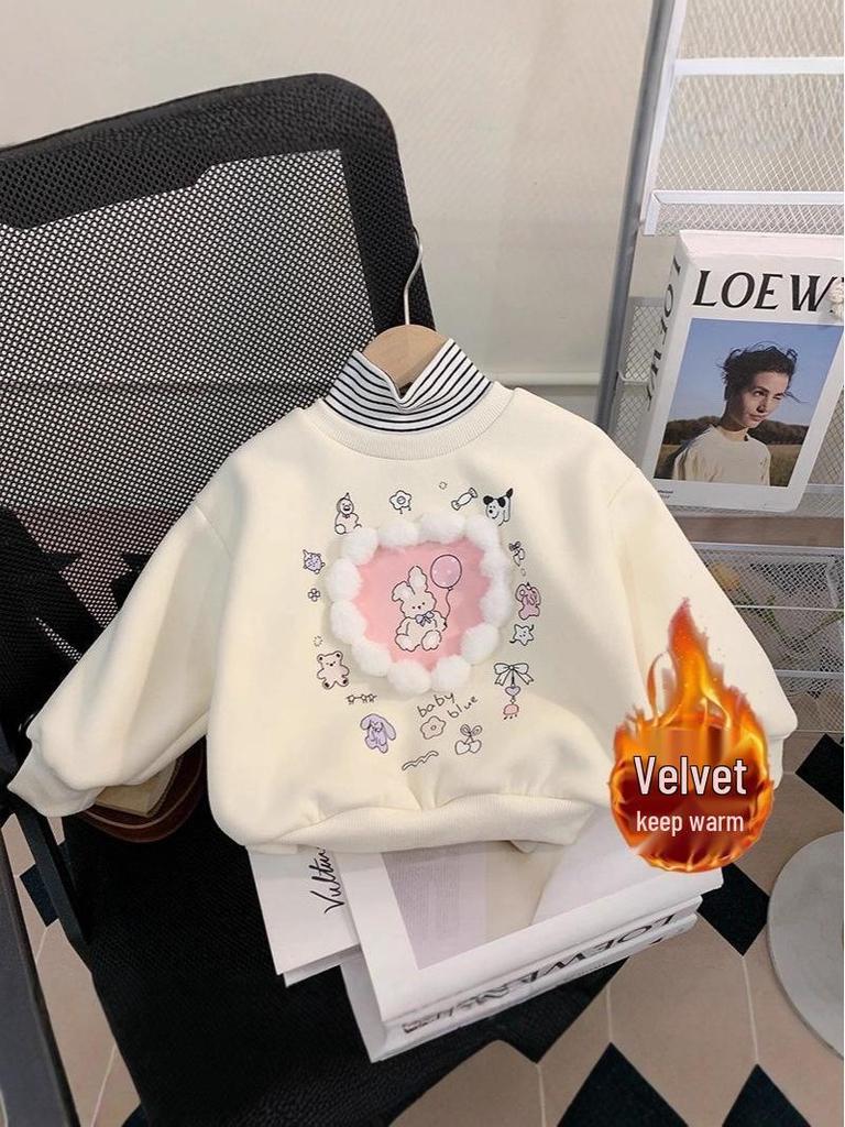 Toddler Girls' Cartoon High-Neck Sweatshirt, Autumn/Winter 2025, Velvet Pullover, Cute and Stylish