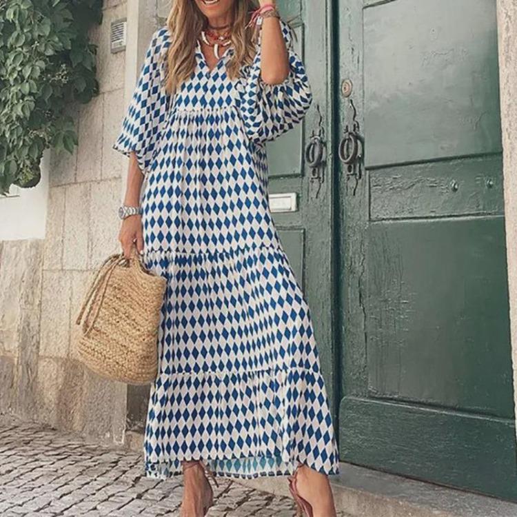European American Women Maxi Dress Geometric Puff Sleeve Street Style