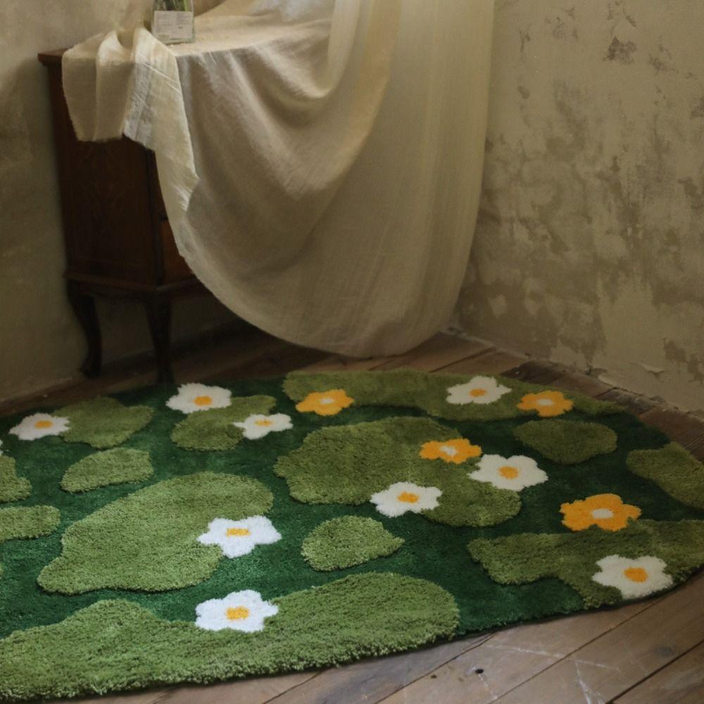 Green Moss Floral Mat Flocking Bedside Rugs  For Living Room Bedroom Home Decoration