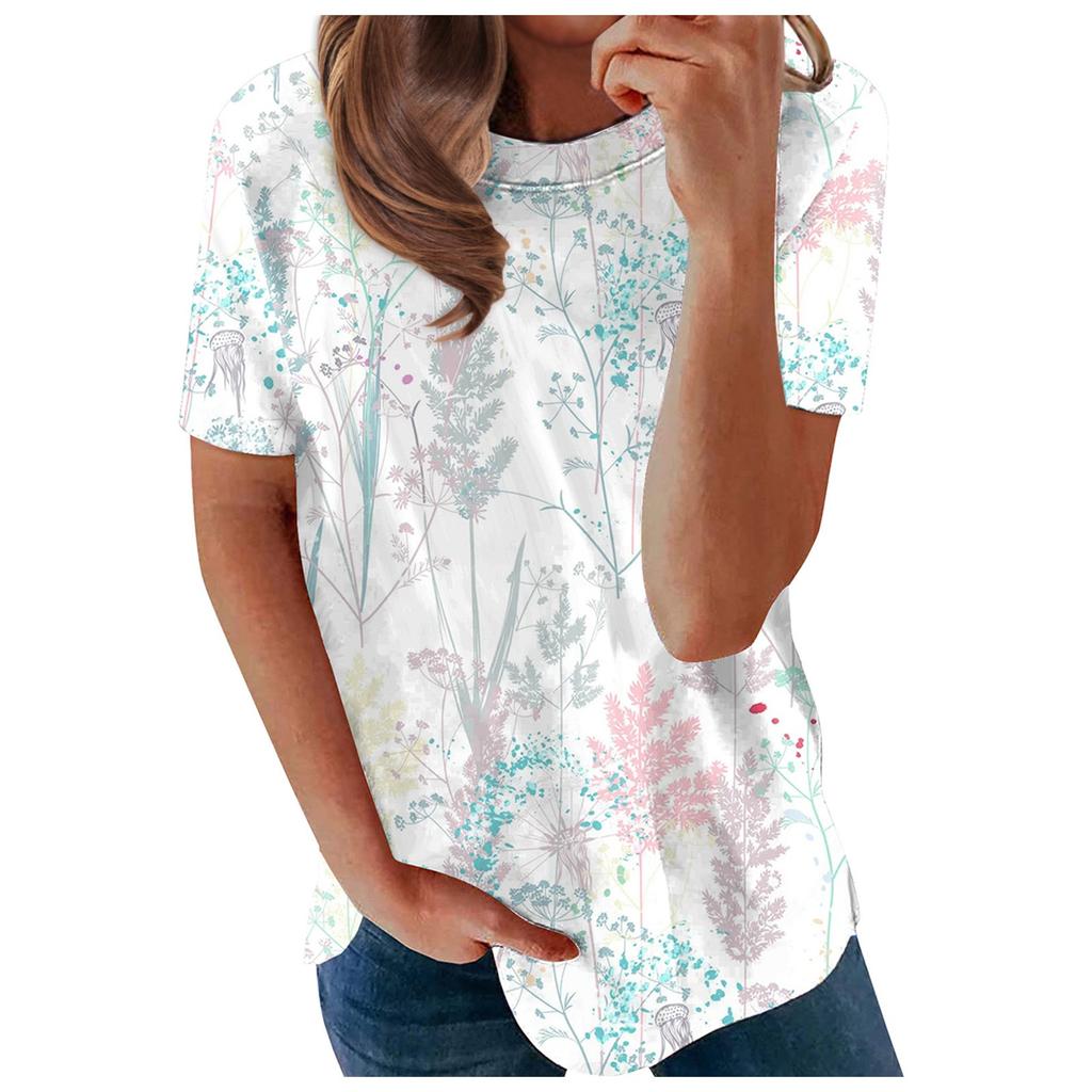 Women's Summer Flower Print Round Neck Short Sleeve T-shirt Top