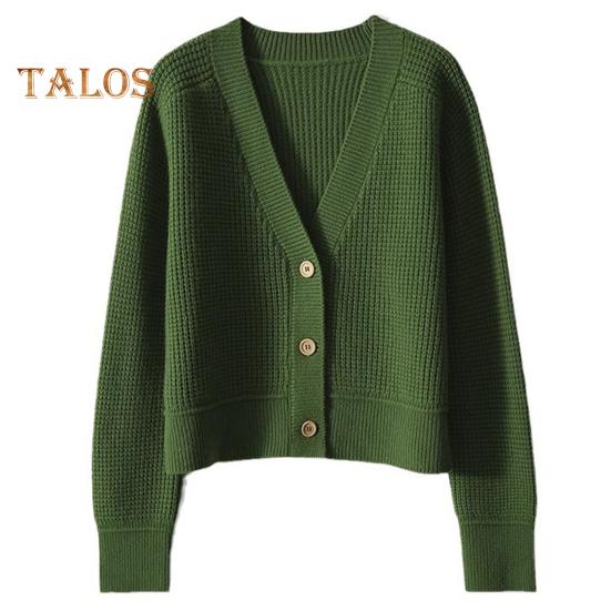 

Женский свитер, пальто с V-образным вырезом, длинным рукавом, ребристой отделкой, трикотажная верхняя одежда, однотонные свободные топы для путешествий, уличная одежда зелёный