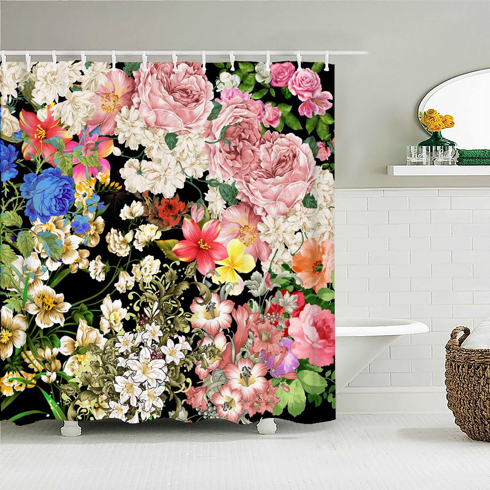 Flower Leaf Printing Shower Curtain Waterproof 3D Fabric Floral Plant Leaves Bathroom Curtain with 12 Hooks Home Decoration