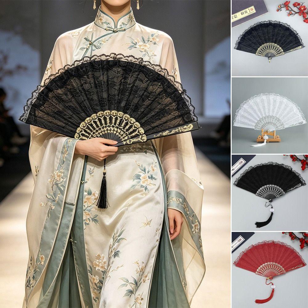 Lace Design Folding Fan Floral Pattern Handheld Fan Vintage Lace Hand Fan Party