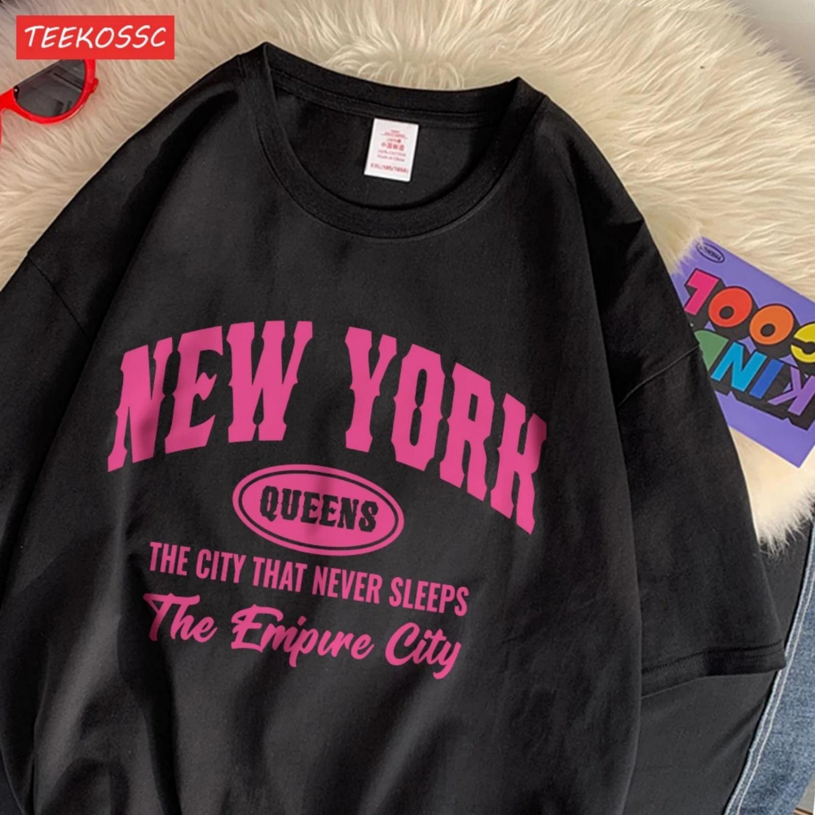 

Повседневные хлопковые женские футболки New York Queens с буквенной печатью, дышащие, свободные, мягкие, с коротким рукавом, модная женская одежда S чёрный