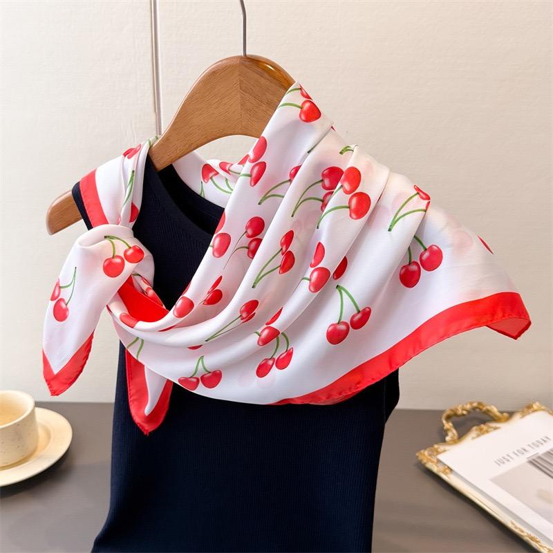 Luxury Square Silk Scarf Women Cute Fruit Cherry Pattern Shawls and Wraps Fashion Small Bag Scarves Hair Tie Bandanas 70*70Cm