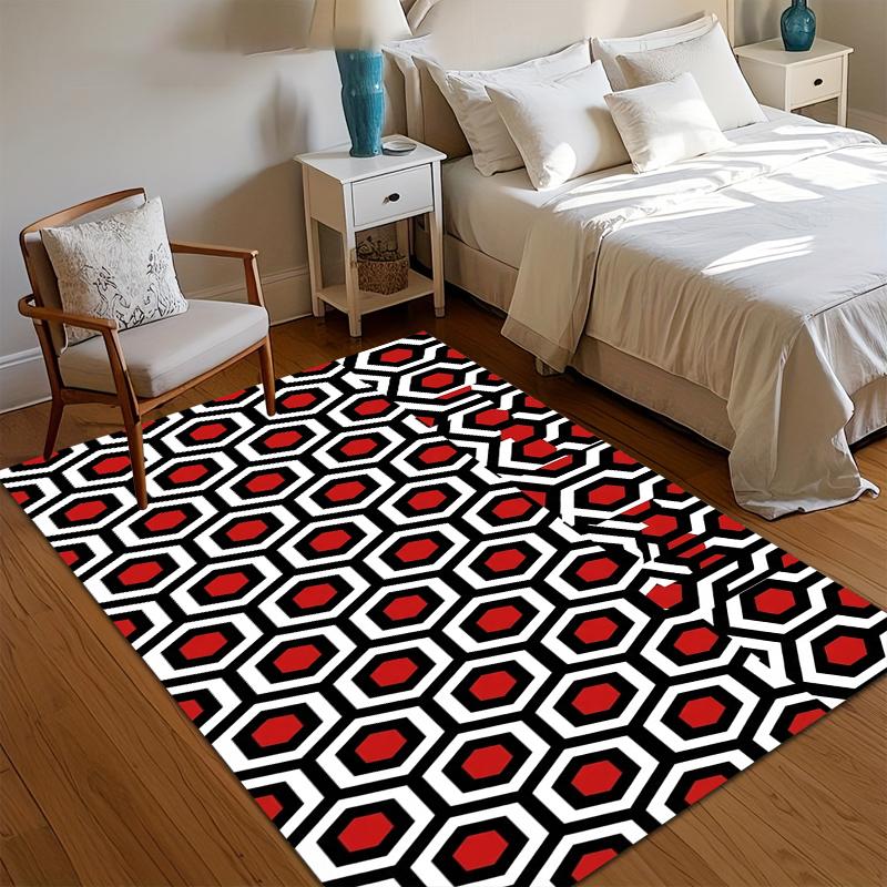 Red Black White Geometric Hexagon Area Rug for Living Room Bedroom Retro Mid-Century Modern Home Decor Soft Non Slip Floor Mat