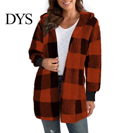 Cardigan Sweater Winter Coat Plaid Print Hooded Thick Windproof Open Stitch Knit Outerwear Mid Length Fuzzy Plush Jacket for School Travel Fall
