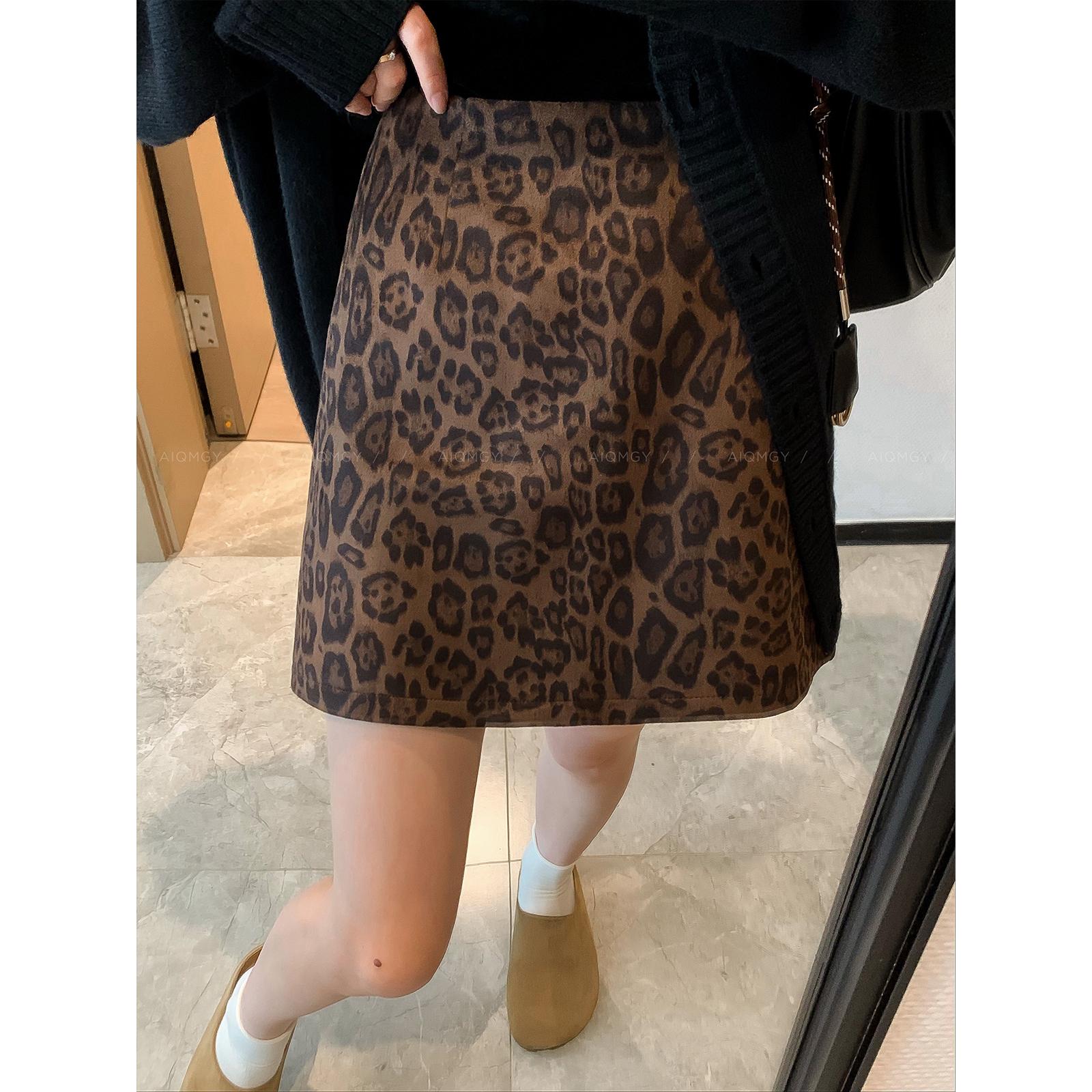 

2024 Autumn Leopard Print A-Line Faux Suede Midi Skirt for Women - Slimming Retro Style 4XL цветной печати леопарда