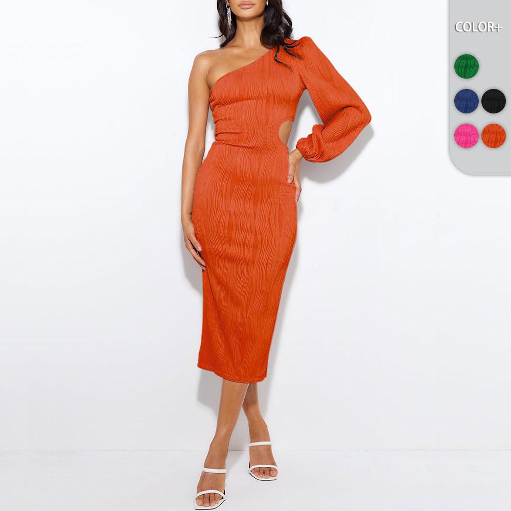 

Women Fashion Casual Elegant Party One Shoulder Hollow Out Long Sleeve Midi Long Dress