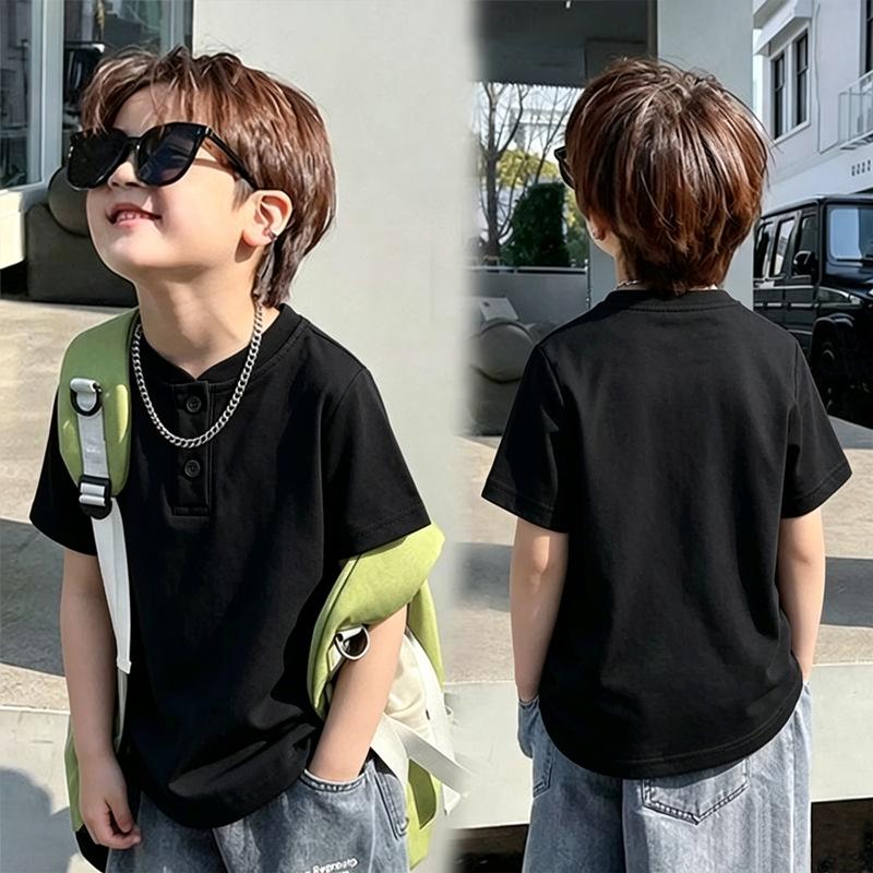 Korean Style Boys' Short-Sleeve Henley Collar T-Shirt, Loose Pure Cotton, Summer New Arrival Trendy Base Layer for Middle and Older Children