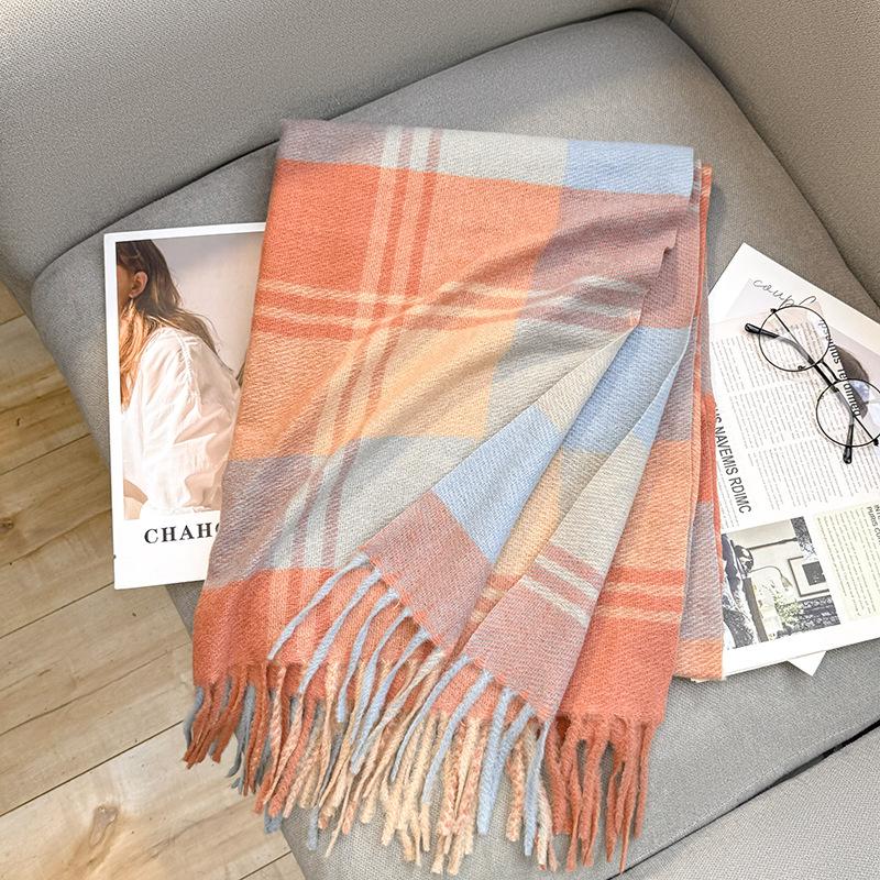 Outono e inverno novo cachecol feminino engrossado imitação de cashmere versátil estudante amigável xale longo cachecol xadrez