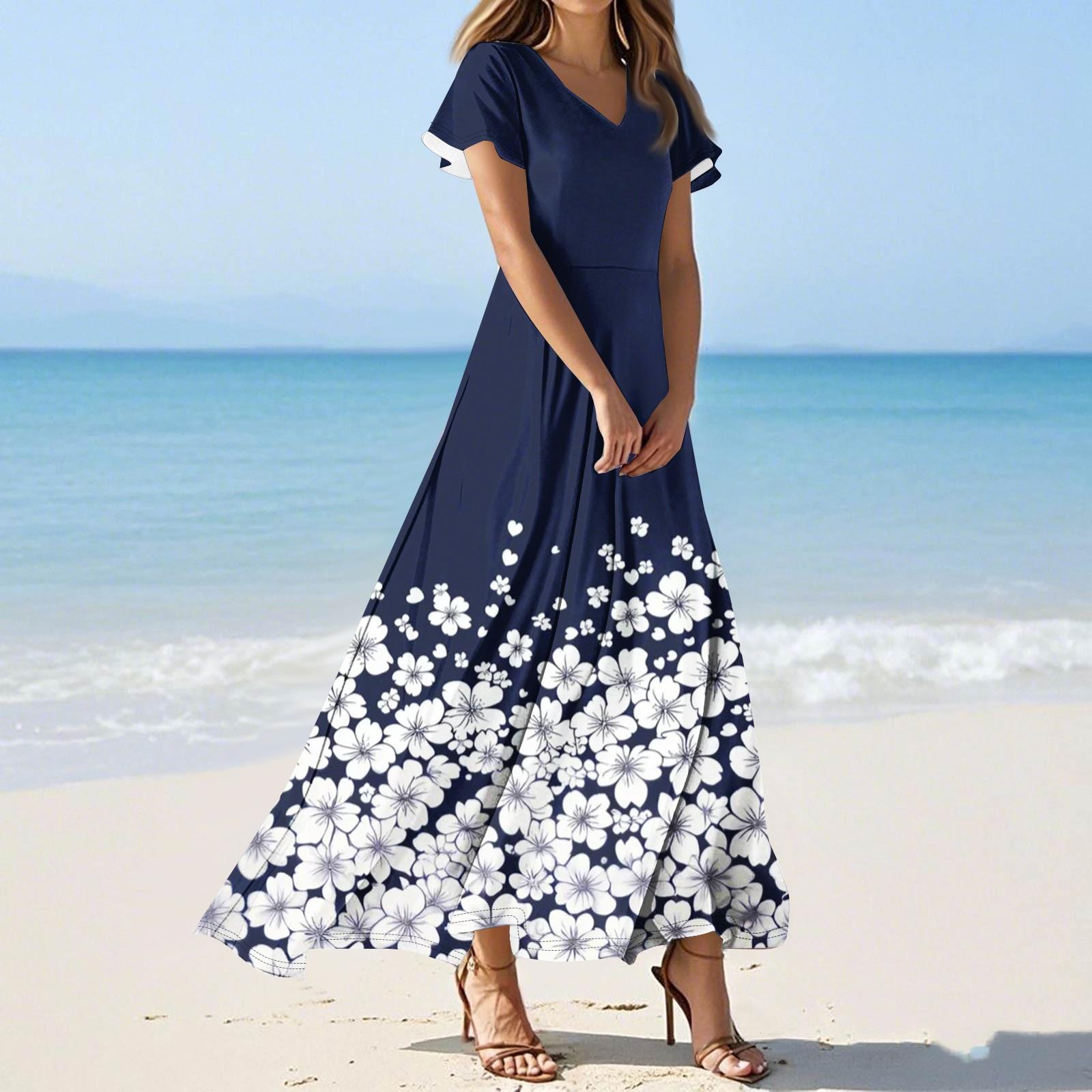 

Женские повседневные модные длинные платья с принтом, платья с V-образным вырезом и коротким рукавом M тёмно-синий