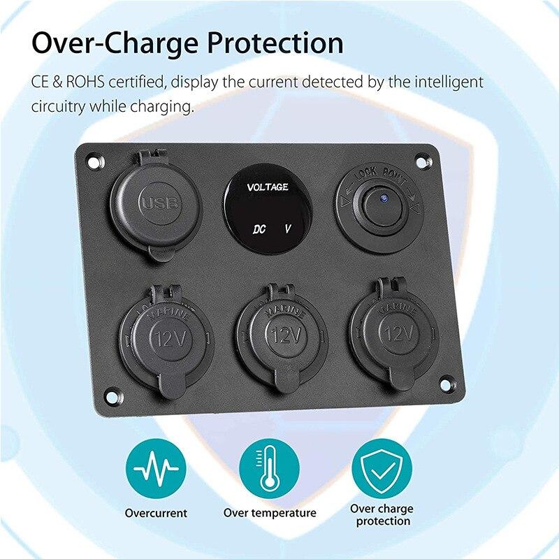 6 In 1 Aluminum Panel 12V Power Socket Power Outlet 4.2A Dual USB Charger LED Voltmeter Toggle Switch for Marine RV