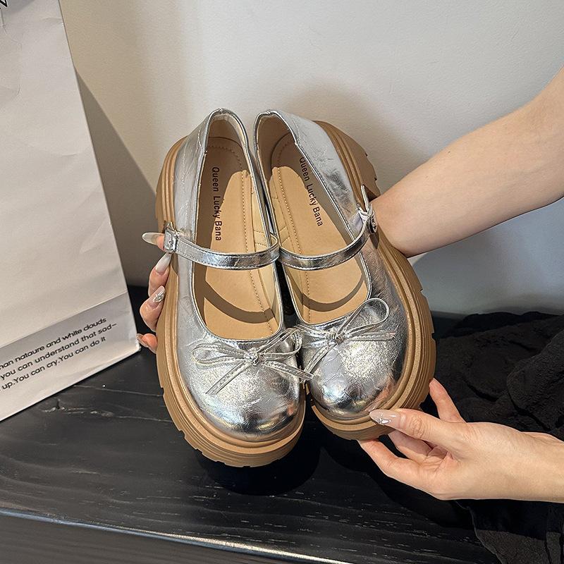 

French thick high-heeled bow Mary Jane single shoes women s 2025 autumn and summer new muffin soles big head small leather shoes 40