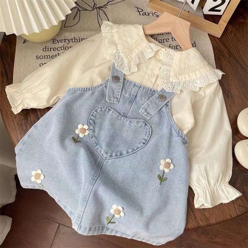 Girls Denim Overall Dress Set With Doll Collar Shirt Two Piece Outfit Stylish Kids Clothing Fashionable Toddler Girl Clothes