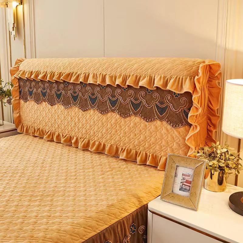 Luxury Fine Flannel Quilted Bed Head Cover Lace Edge Short Plush All-inclusive Headboard Cover Elegant Protective Cover
