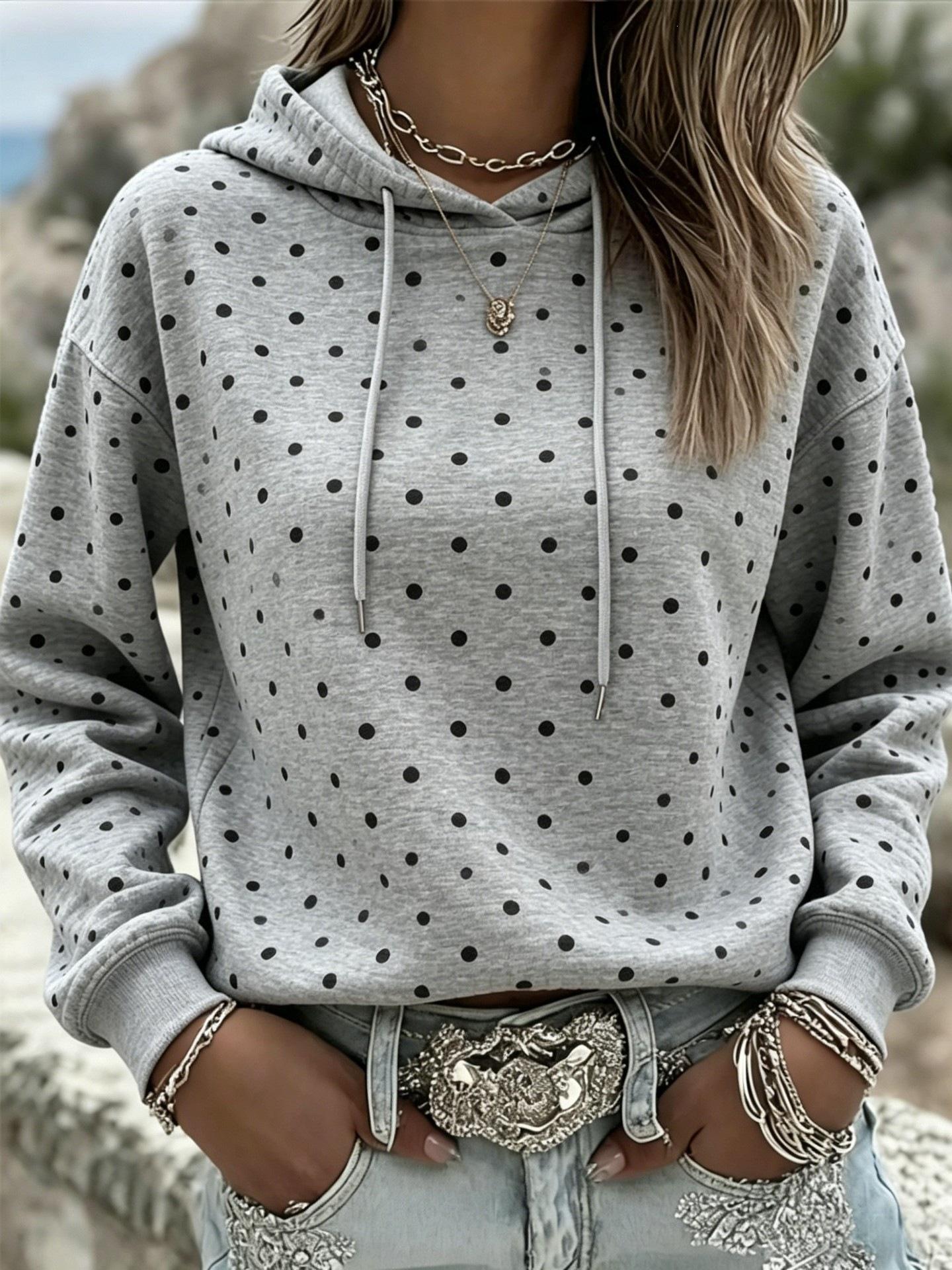 Grey polka dot print hooded sweater women s loose casual versatile pullover S