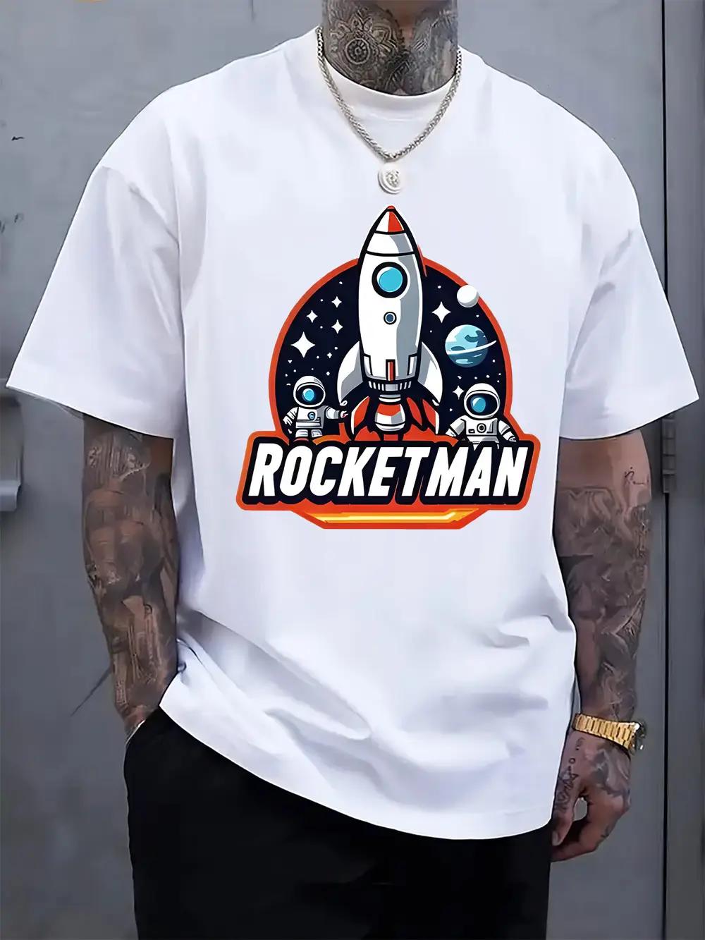 

Rocketman Graphic T-shirt - White Casual Crew Neck Short Sleeve Tee with Space-Themed Design S
