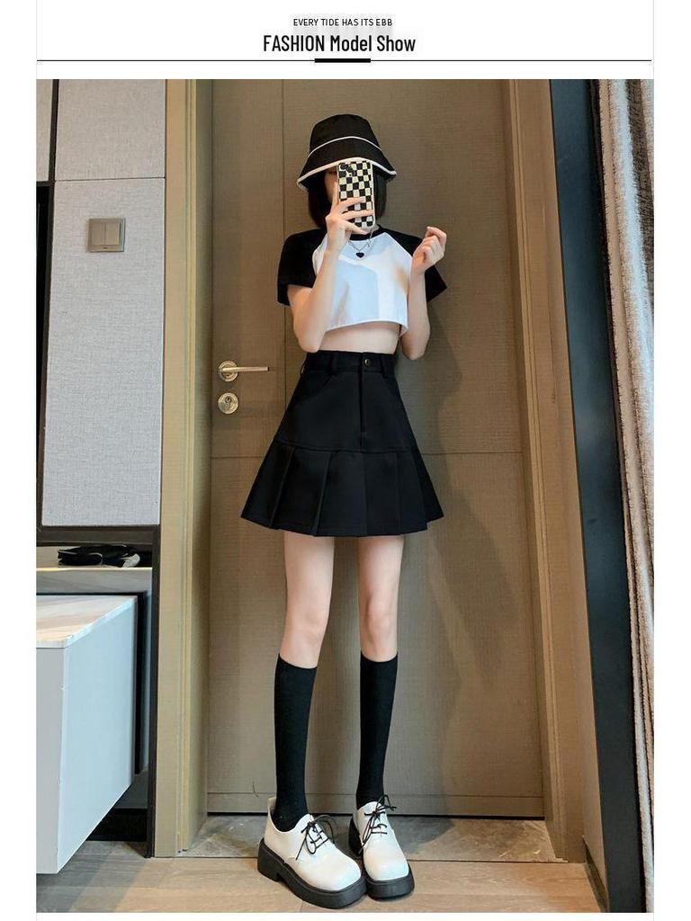 2024 College-Stil Petite High Waist A-Linien Plissee Midi Fishtail Rock