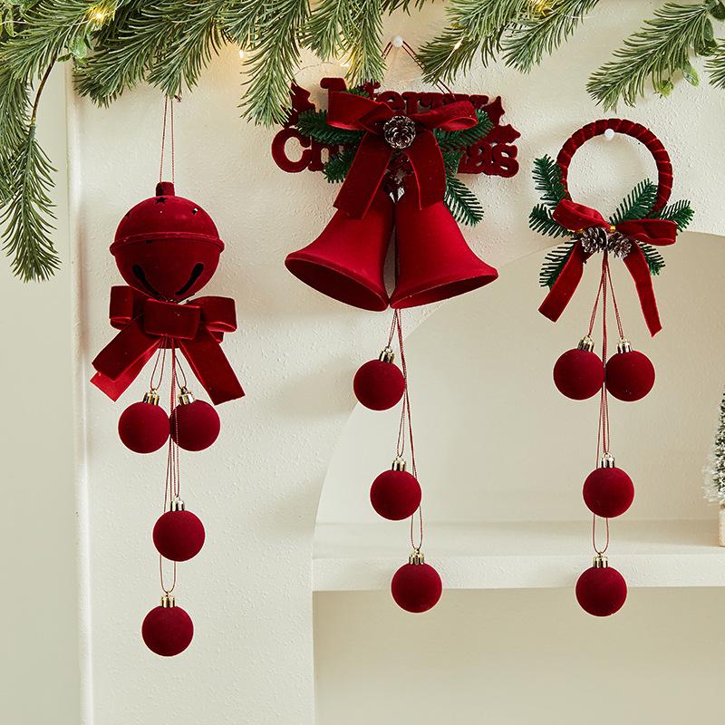 Wine Red Flocked Ball Christmas Bells Window Decor Pendant