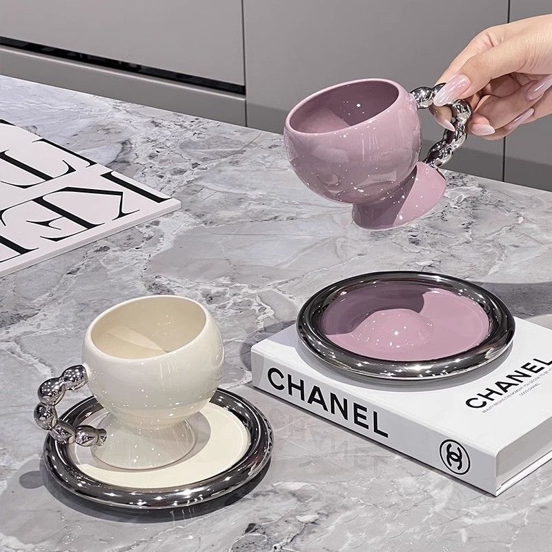 English Afternoon Tea Coffee Cup Saucer Delicate Ceramic White Purple Couple Mug Latte Art Coffee Cup Home Breakfast Mug Gifts
