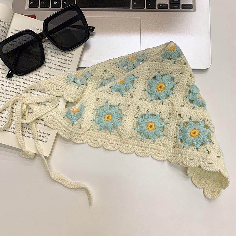 Spring and Autumn Sweet and Cute Wind Handmade Knitted Headband Female Personality Crochet Literary Style Triangle Scarf Headscarf
