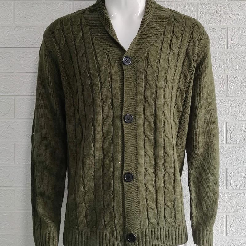 Men's V-Neck Cable Knit Cardigan Sweater In Light Grey, Beige, Dark Green, Blue, and Wine Red