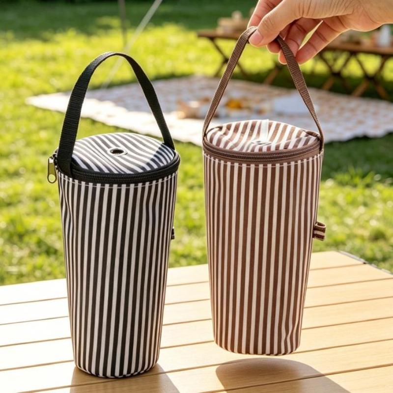Thermal Lined Striped Tumbler Bag with Handle Insulated Water Bottle Carrier for Commuting Outdoor Activities