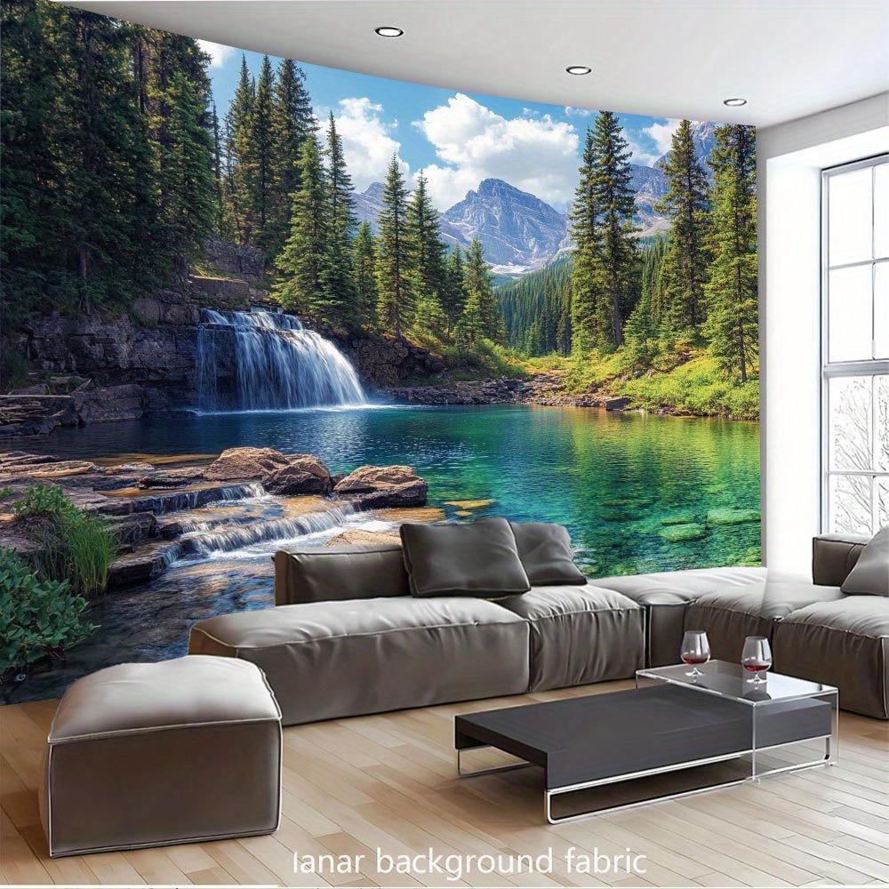 Mountain Lake Waterfall Tapestry - Realistic Evergreen Forest & Cascading Falls Wallpaper, Self-Adhesive Backdrop for Living Roo