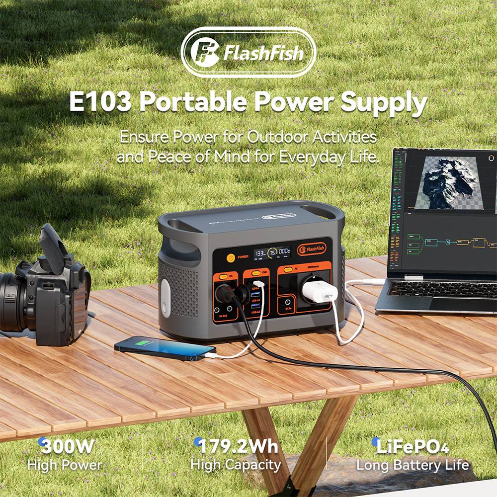 Flashfish E103 300W Portable Power Station, 179.2Wh LiFePO4 Battery, Fast AC Recharge